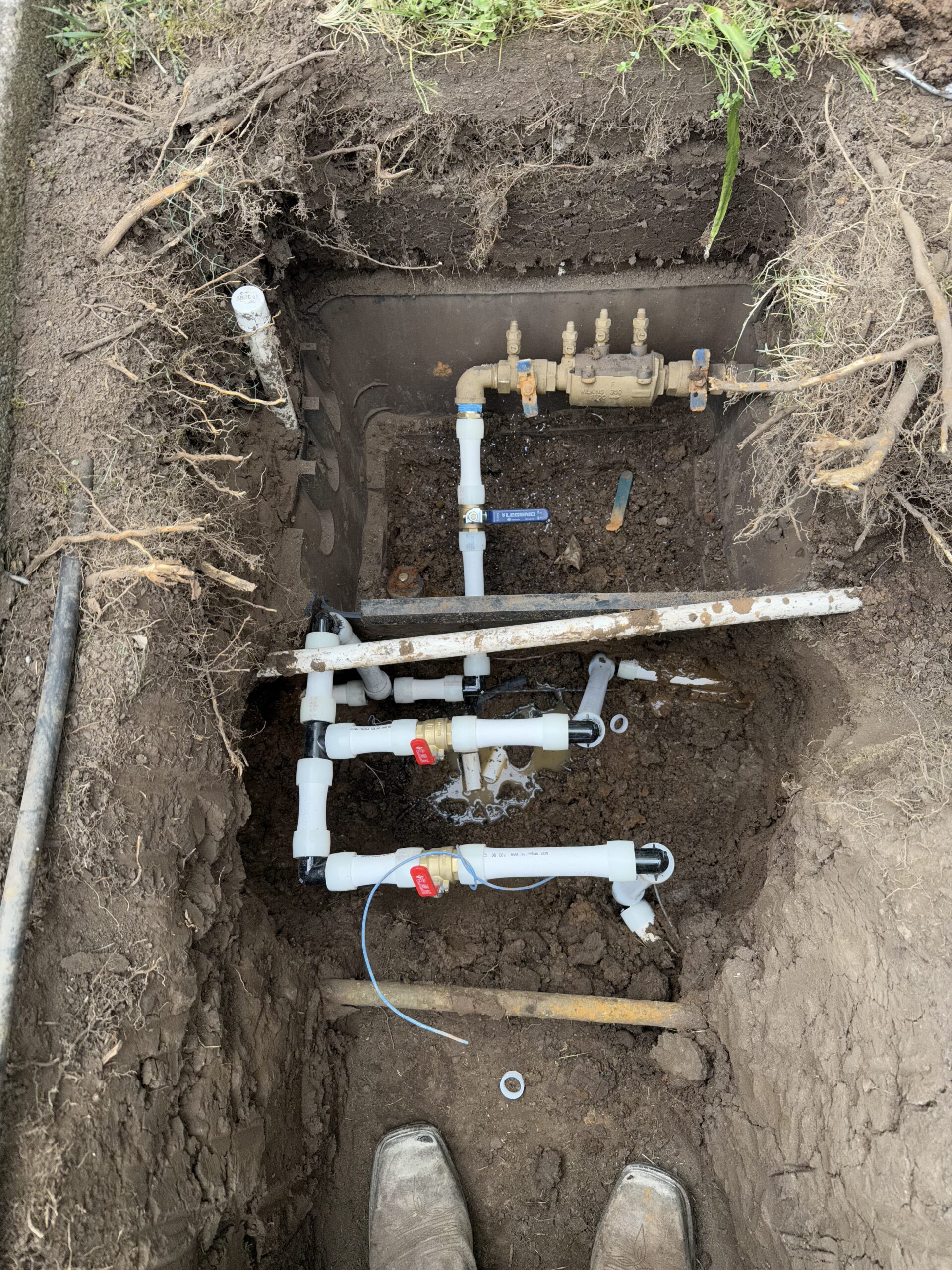 A newly installed water pipe system with PVC joints, valves, and fittings is shown in an open trench, surrounded by dirt and exposed tree roots—discover our quality work on the About Us page.